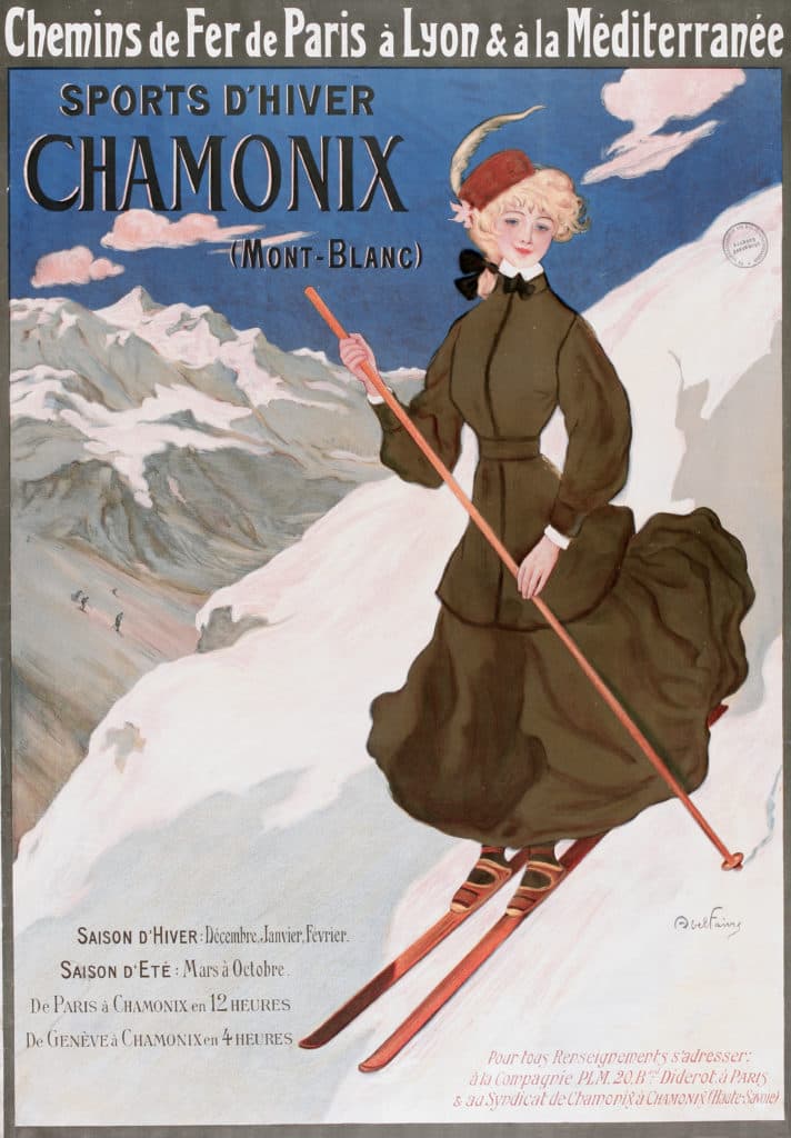 Affiche faisant la promotion de la station de ski de Chamonix dans les années 1900. Elle représente une femme sur descendant sur ses skis.