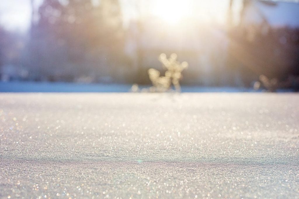 Tapis de neige photographié prêt du sol, avec un rayon de soleil qui la fait briller.